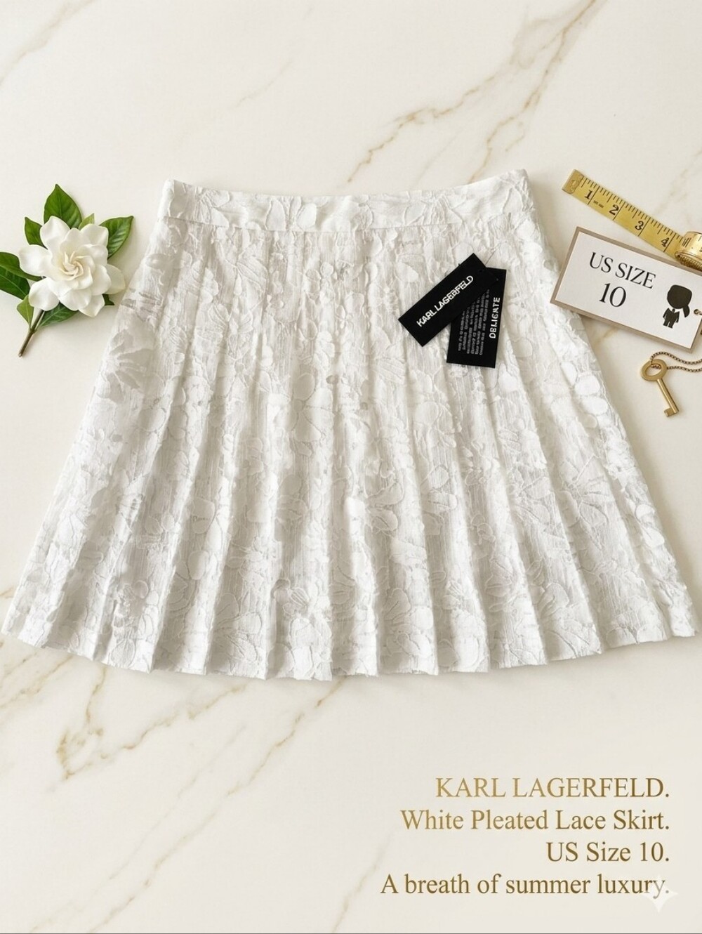 Karl Lagerfeld White Pleated Lace Skirt